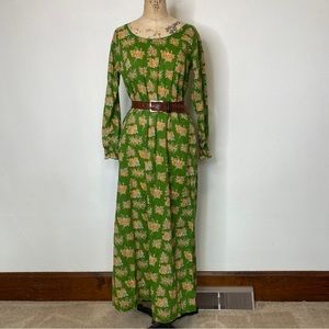 Green Cotton Floral Long Sleeve Maxi Dress